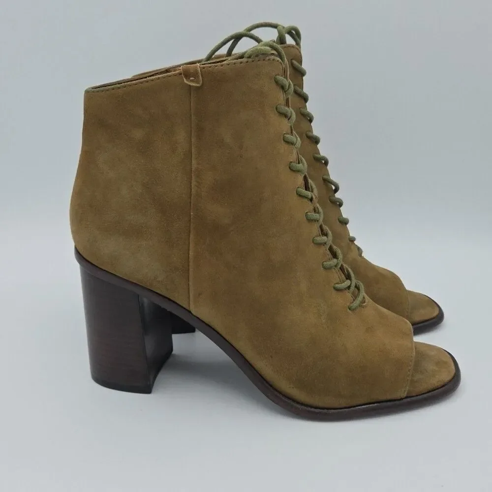 FRYE Amy Peep Toe Amy Green Khaki Suede Womens US 10 Heels Lace Up Booties